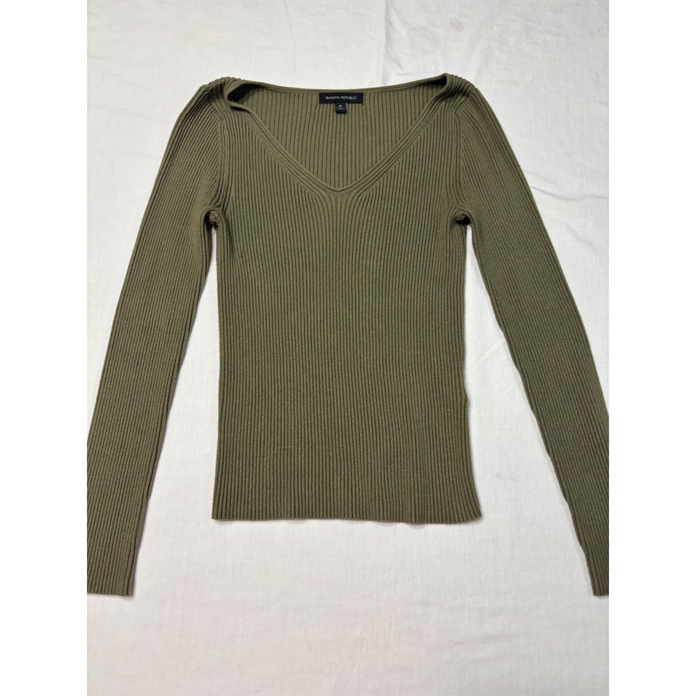 Banana Republic Womens Olive Green Ribbed V-Neck Long Sleeve Sweater Size M